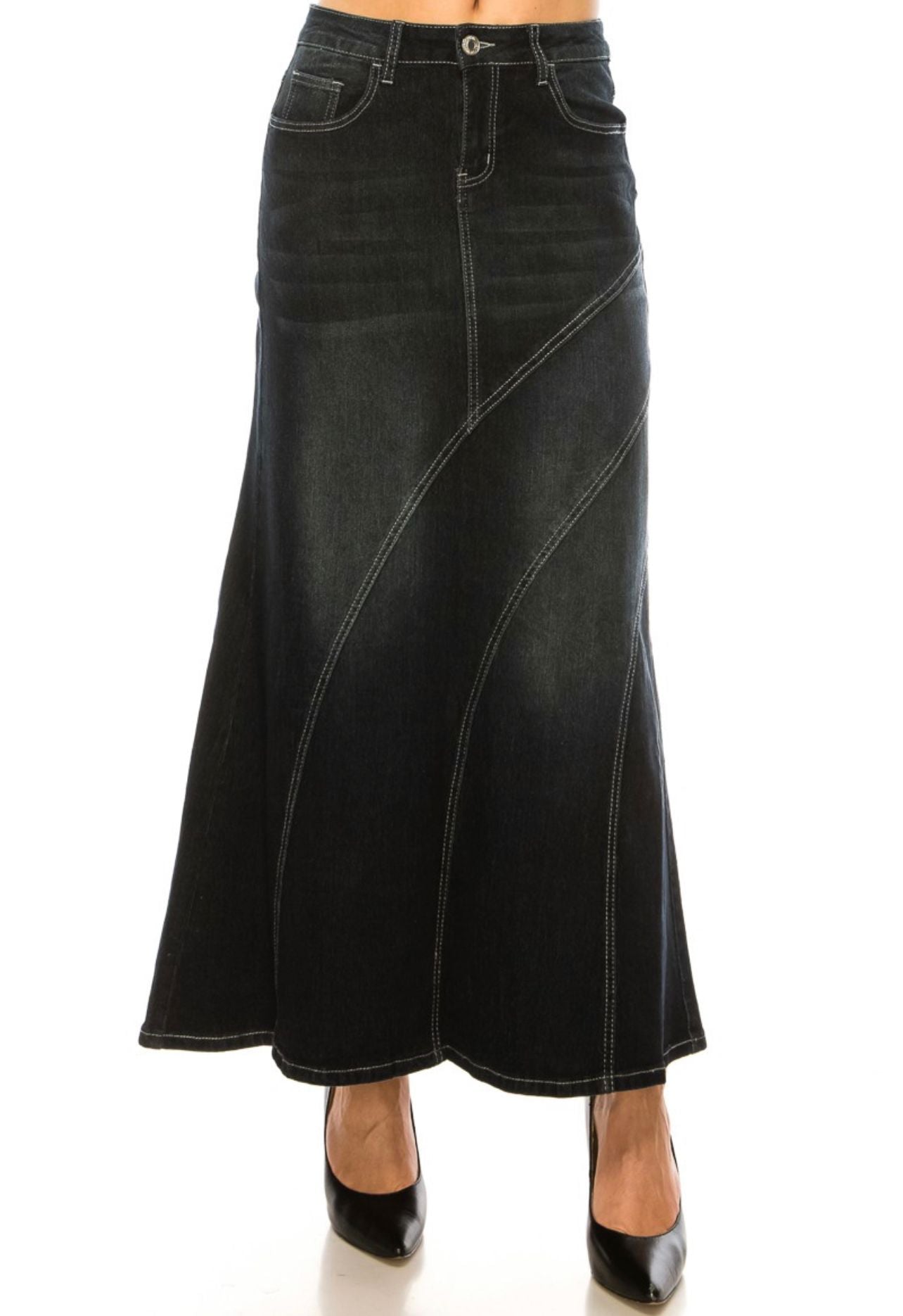 Long Black Wash Denim Skirt
