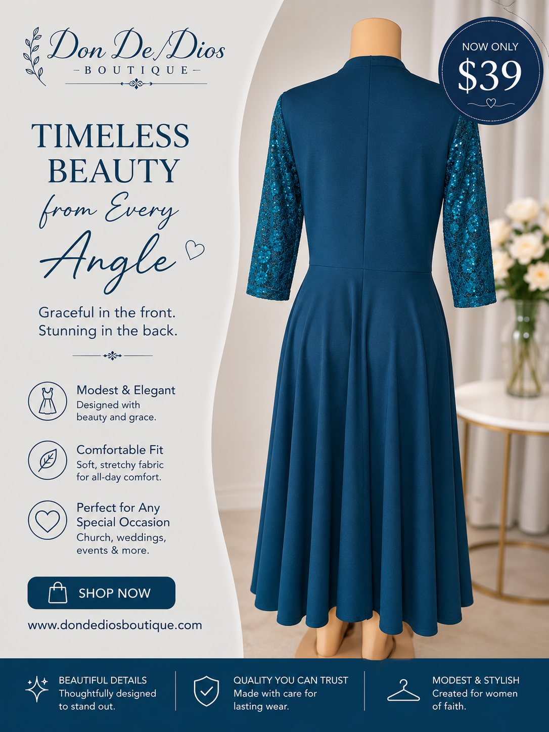 Deep Teal Sequin Lace Modest Dresss
