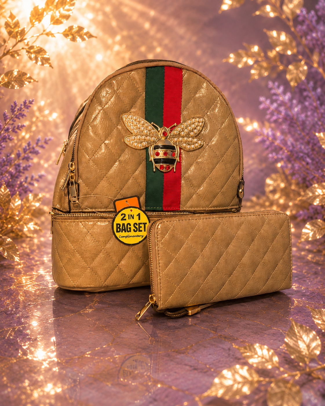 Bee Quilted Backpack and Wallet Set