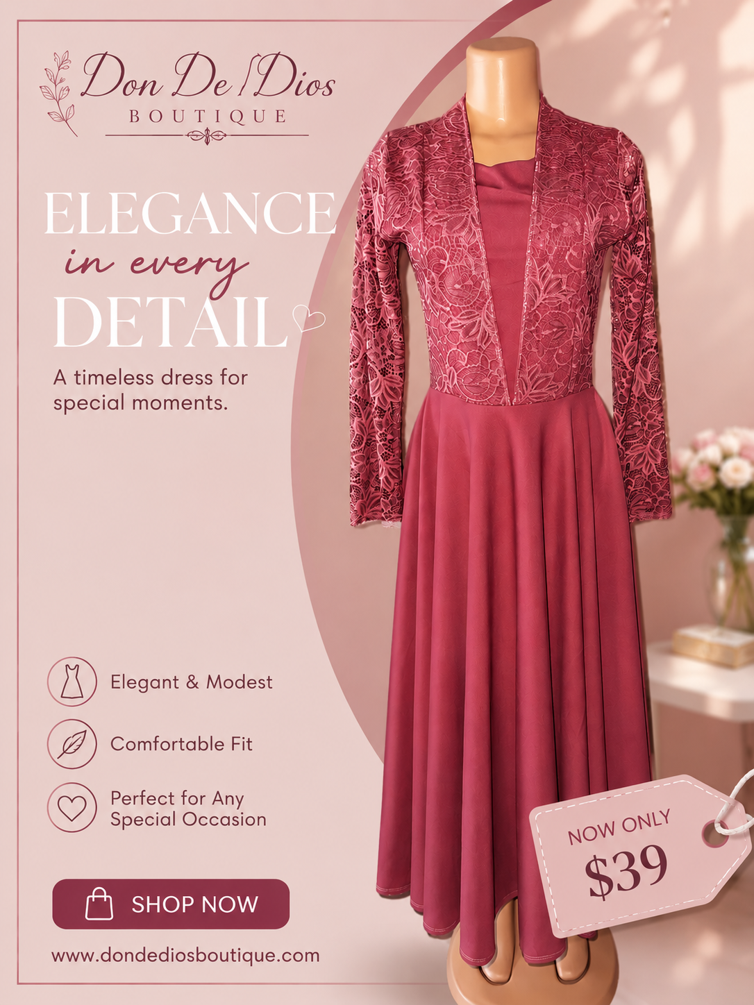Dusty Rose Lace Modest Dress