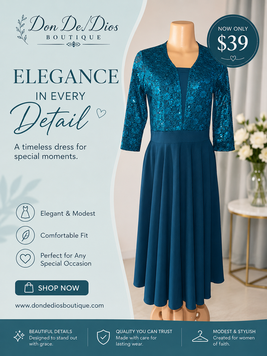 Deep Teal Sequin Lace Modest Dresss